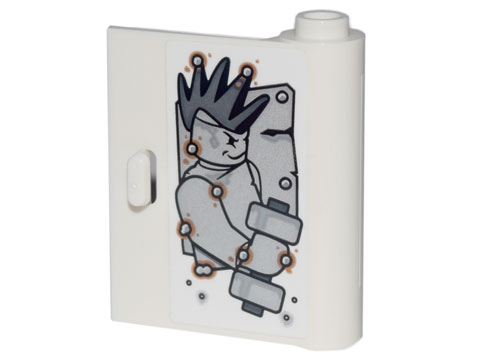 Door 1 x 3 x 3 Right - Open Between Top and Bottom Hinge with Minifigure with Mohawk Holding Dumbell and Metal Rivets Pattern (Sticker) - Set 70840