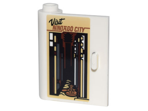 Door 1 x 3 x 3 Left - Open Between Top and Bottom Hinge with Poster 'Visit NINJAGO CITY', Streetscape and Minifigure Pattern (Sticker) - Set 70840