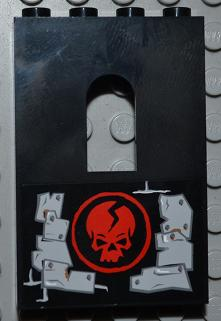 Panel 1 x 4 x 5 Wall with Window with Red Skull in Circle and Light Bluish Gray Metal Plates Wall Repairs Pattern Model Left Side (Sticker) - Set 2505