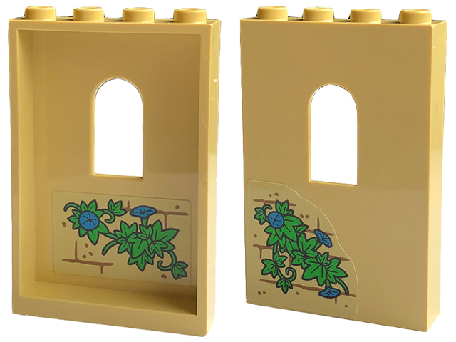 Panel 1 x 4 x 5 Wall with Window with Bricks, Bright Green Plant Leaves and Dark Azure Flowers Pattern on Both Sides (Stickers) - Set 43220
