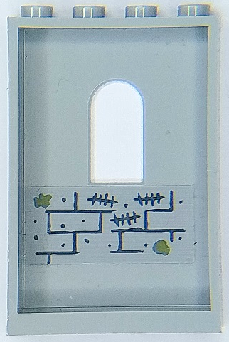 Panel 1 x 4 x 5 Wall with Window with Bricks, Dark Bluish Gray Mortar, Tally Marks and Olive Green Moss Pattern on Inside (Sticker) - Set 70435