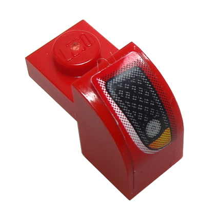 Slope, Curved 2 x 1 x 1 1/3 with Recessed Stud with Silver Grille and Orange Headlight on Red Background Pattern Model Left Side (Sticker) - Set 8185