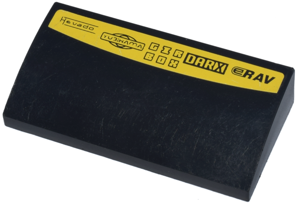 Slope, Curved 2 x 4 x 2/3 without Bottom Tubes with 'HEVADO', 'YUBIHAMA', 'GIRBOX', 'DARX', and 'ERAV' Logos on Yellow Background Pattern (Sticker) - Set 8148