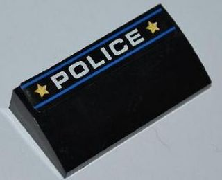 Slope, Curved 2 x 4 x 2/3 without Bottom Tubes with Blue Lines, White 'POLICE', Yellow Stars Pattern (Sticker) - Set 8197