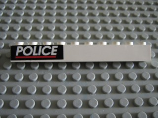 Brick 1 x 10 with White 'POLICE' and Red Line on Black Background Pattern (Sticker) - Set 6598