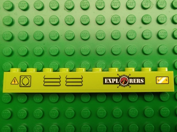 Brick 1 x 10 with Volcano Explorers Logo, Vents, Electrical Hazard Symbol, and Yellow Metal Plate Pattern (Sticker) - Set 60124