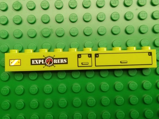 Brick 1 x 10 with Volcano Explorers Logo, Lockers, and Yellow Metal Plate Pattern (Sticker) - Set 60124