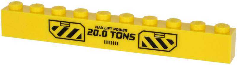 Brick 1 x 10 with 'MAX LIFT POWER 20.0 TONS' and Black Danger Stripes on Transparent Background Pattern (Sticker) - Set 60266