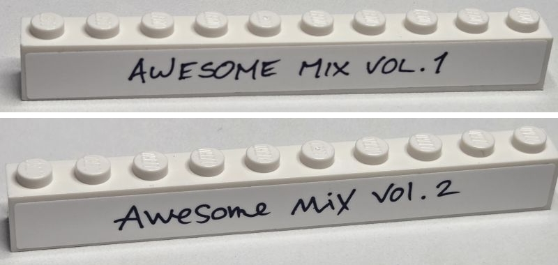 Brick 1 x 10 with 'AWESOME MIX VOL. 1' and 'AWESOME MIX VOL. 2' Pattern on Both Sides (Stickers) - Set 76217