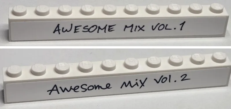 Brick 1 x 10 with 'AWESOME MIX VOL. 1' and 'AWESOME MIX VOL. 2' Pattern on Both Sides (Stickers) - Set 76217