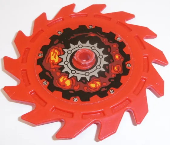 Technic Circular Saw Blade 9 x 9 with Pin Hole and Teeth in Same Direction with Silver Gear, Rivets and Lava Energy Pattern (Sticker) - Set 70323