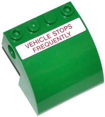 Slope, Curved 4 x 4 x 2 with 4 Studs and Pin Holes with Red 'VEHICLE STOPS FREQUENTLY' on White Background Pattern (Sticker) - Set 70805