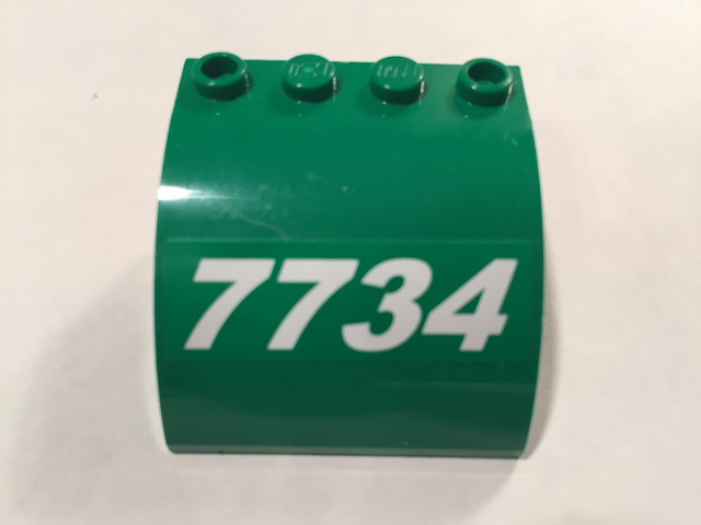 Slope, Curved 4 x 4 x 2 with 4 Studs and Pin Holes with White Slanting '7734' Pattern Model Left Side (Sticker) - Set 7734