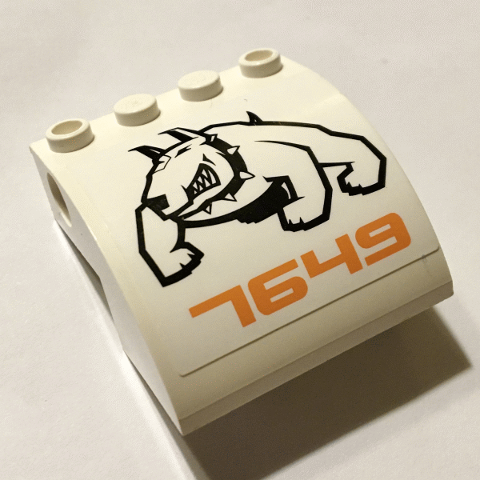 Slope, Curved 4 x 4 x 2 with 4 Studs and Pin Holes with Black Bulldog and '7649' Pattern Model Left Side (Sticker) - Set 7649