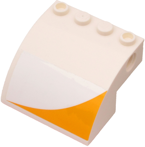Slope, Curved 4 x 4 x 2 with 4 Studs and Pin Holes with Bright Light Orange Corner Stripe Pattern Model Left Side (Sticker) - Set 60262