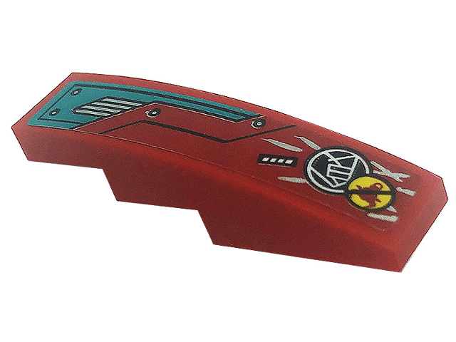 Slope, Curved 4 x 1 with Dark Red and Dark Turquoise Hull Plates, Silver Air Vent, Dots and Bull Head Pattern Model Left Side (Sticker) - Set 80008