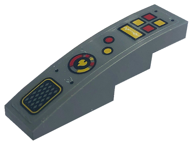 Slope, Curved 4 x 1 with Black Grille, Gold Flame in Circle, and Red and Gold Buttons Pattern Model Right Side (Sticker) - Set 71773