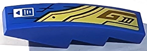 Slope, Curved 4 x 1 with Gold Armor Plates with Black and Dark Orange Lines and White Rectangle with Writing and Triangle Pattern Model Left Side (Sticker) - Set 71768