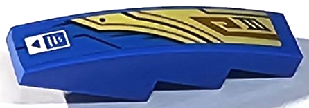 Slope, Curved 4 x 1 with Gold Armor Plates with Black and Dark Orange Lines and White Rectangle with Writing and Triangle Pattern Model Right Side (Sticker) - Set 71768