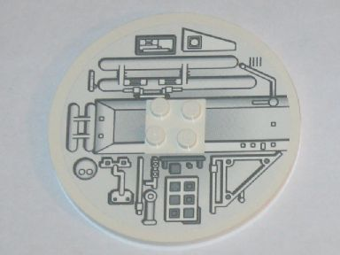 Tile, Round 8 x 8 with 4 Studs in Center with Machinery Pattern Model Left Side (Sticker) - Set 10019