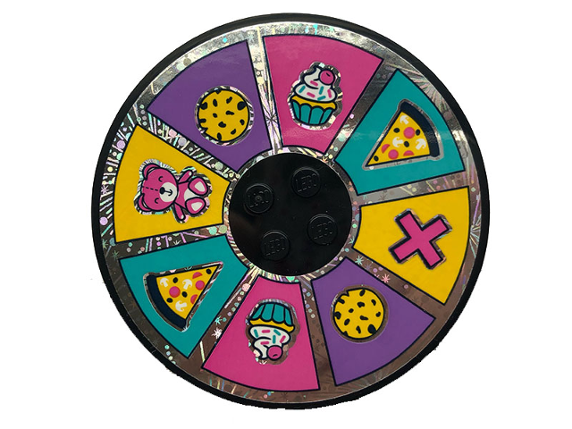 Tile, Round 8 x 8 with 4 Studs in Center with Wheel of Fortune with Pizza, Cookie, Cupcake and Bear Pattern (Sticker) - Set 41375
