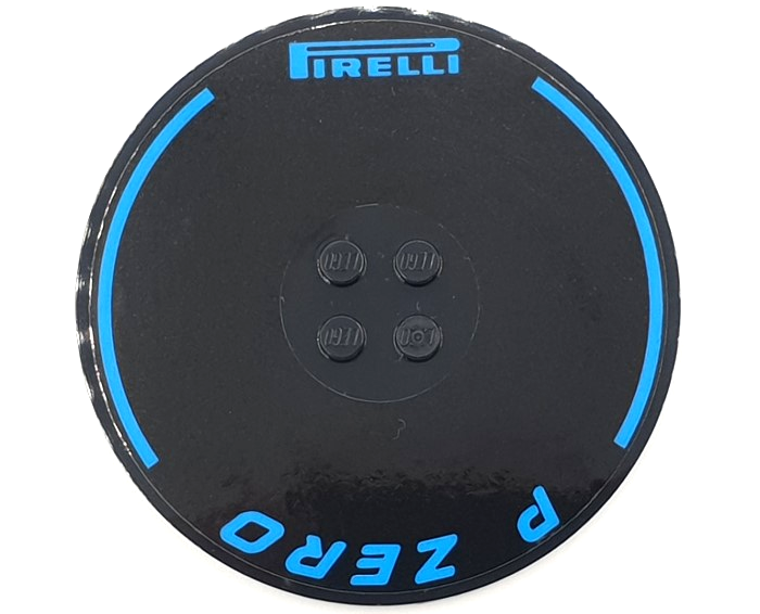 Tile, Round 8 x 8 with 4 Studs in Center with Blue Curved Stripes, 'PIRELLI' and 'P ZERO' Pattern (Sticker) - Set 42141 (First Version)