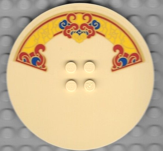 Tile, Round 8 x 8 with 4 Studs in Center with Blue, Red and Yellow Swirls with Gold Outline Pattern (Sticker) - Set 80111