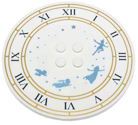 Tile, Round 8 x 8 with 4 Studs in Center with Clock Face, Gold Circles, Black Roman Numerals, Metallic Light Blue Stars and Peter Pan Characters Pattern
