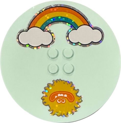 Tile, Round 8 x 8 with 4 Studs in Center with Holographic Mirrored Sun with Face and Rainbow with Clouds Pattern (Stickers) - Set 41255