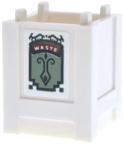 Container, Box 2 x 2 x 2 - Top Opening with Sand Green and Reddish Brown Sign, 'WASTE' and Dark Green Border and Filigree Pattern (Sticker) - Set 43302