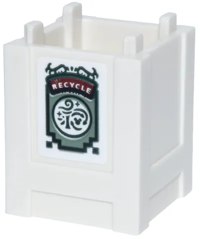 Container, Box 2 x 2 x 2 - Top Opening with Sand Green and Reddish Brown Sign, 'RECYCLE' and Dark Green Border and Filigree Pattern (Sticker) - Set 43302