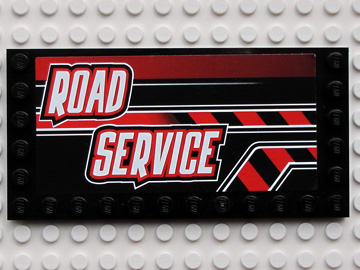Tile, Modified 6 x 12 with Studs on Edges with White 'ROAD SERVICE' on Black and Red Stripes Pattern Model Left Side (Sticker) - Set 8285