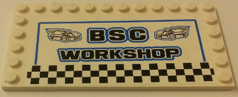 Tile, Modified 6 x 12 with Studs on Edges with 'BSC WORKSHOP' Pattern (Sticker) - Set 8154