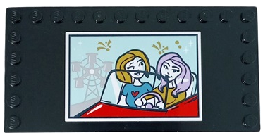 Tile, Modified 6 x 12 with Studs on Edges with Movie Screen with 2 Female Characters Driving Red Sports Car, Fireworks and Ferris Wheel on Light Aqua Background Pattern (Sticker) - Set - 41448