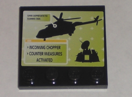 Tile, Modified 4 x 4 with Studs on Edge with Black Helicopter, Command Center, 'INCOMING CHOPPER', and 'COUNTER MEASURES ACTIVATED' Pattern (Sticker) - Set 8971