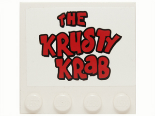 Tile, Modified 4 x 4 with Studs on Edge with Red 'THE KRUSTY KRAB' Pattern (Sticker) - Set 3833