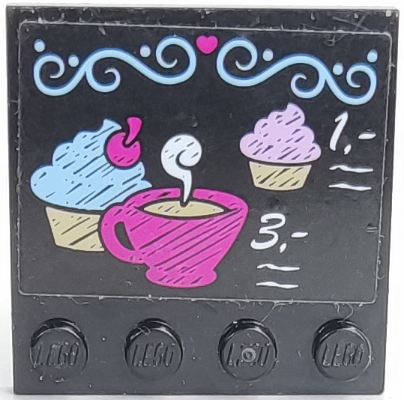 Tile, Modified 4 x 4 with Studs on Edge with Bright Light Blue Filigree, Cupcakes, Dark Pink Coffee Cup, White '1.-' and '3.-' Pattern (Sticker) - Set 41119