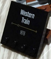 Tile, Modified 4 x 4 with Studs on Edge with 'Western Train 1976' Pattern