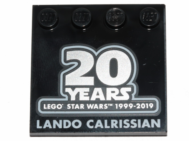 Tile, Modified 4 x 4 with Studs on Edge with SW '20 YEARS LEGO STAR WARS 1999-2019' and 'LANDO CALRISSIAN' Pattern