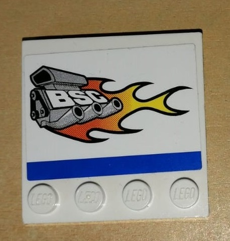 Tile, Modified 4 x 4 with Studs on Edge with Engine, Flames, 'BSC', and Blue Stripe Pattern Model Left Side (Sticker) - Set 8154