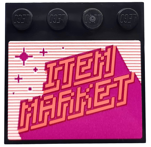 Tile, Modified 4 x 4 with Studs on Edge with Coral Pixelated 'ITEM MARKET', Magenta Stripes and Stars Pattern (Sticker) - Set 71708