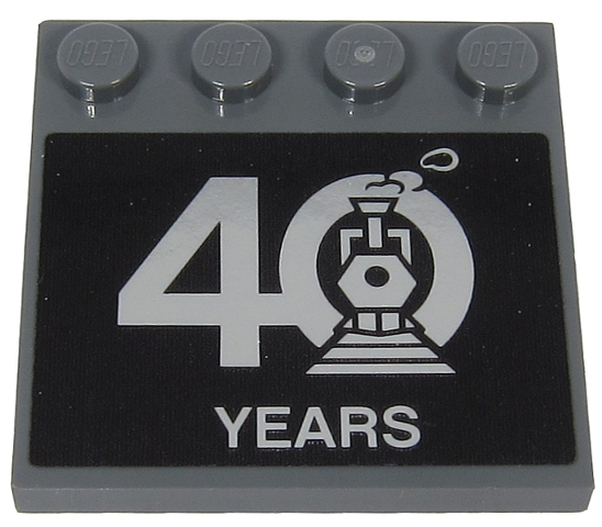 Tile, Modified 4 x 4 with Studs on Edge with Silver '40 YEARS' and Steam Engine on Black Background Pattern (Sticker) - Set 40370