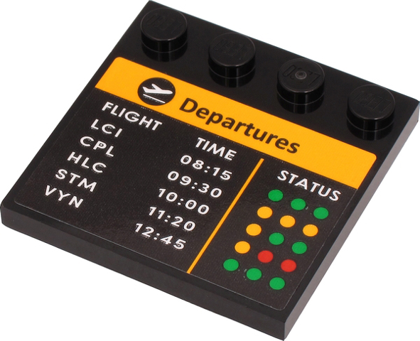 Tile, Modified 4 x 4 with Studs on Edge with 'Departures', 'FLIGHT', 'TIME', 'STATUS' and Flight Schedule Pattern (Sticker) - Set 60262