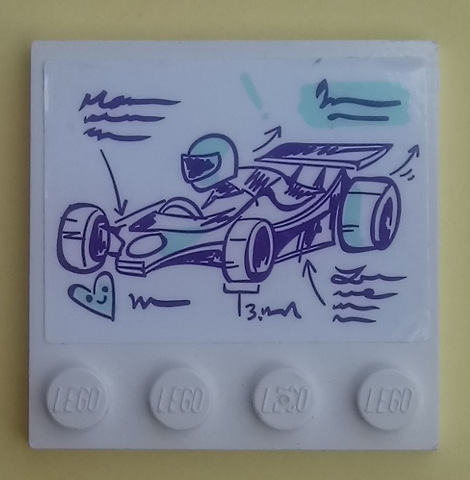 Tile, Modified 4 x 4 with Studs on Edge with Dark Purple and Light Aqua Go-Kart, Driver, Writing Scribble and Heart Pattern (Sticker) - Set 41351