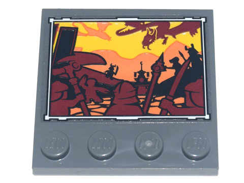 Tile, Modified 4 x 4 with Studs on Edge with Framed Painting of Battle Scene with Warriors and Dragon Pattern (Sticker) - Set 71741