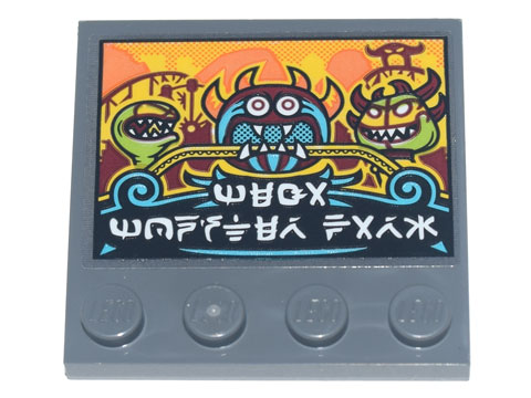 Tile, Modified 4 x 4 with Studs on Edge with Ninjago Logogram 'MEGA MONSTER PARK' Billboard with Rides Pattern (Sticker) - Set 71741