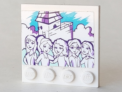 Tile, Modified 4 x 4 with Studs on Edge with Drawing of 5 Friends Girls, Clouds, and Building Pattern (Sticker) - Set 41332