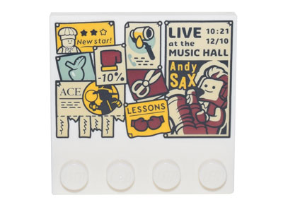 Tile, Modified 4 x 4 with Studs on Edge with Bulletin Board with Posters, Advertisements with Pull Strips, Coupons, 'Andy Sax', 'Lessons', 'Ace' Pattern
