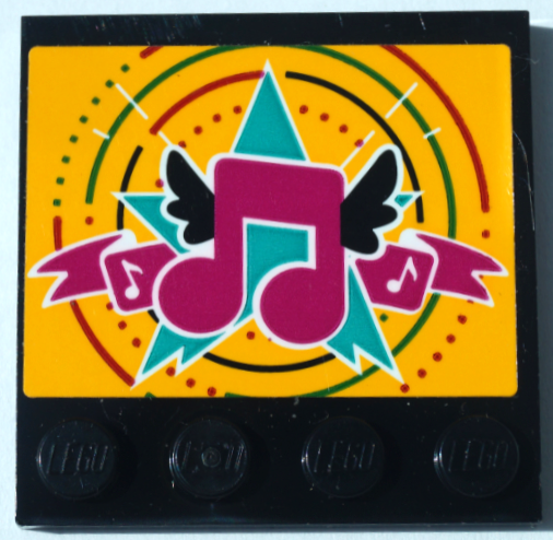 Tile, Modified 4 x 4 with Studs on Edge with Magenta Music Notes with Black Wings and Dark Turquoise Star on Bright Light Orange Background Pattern (Sticker) - Set 41368