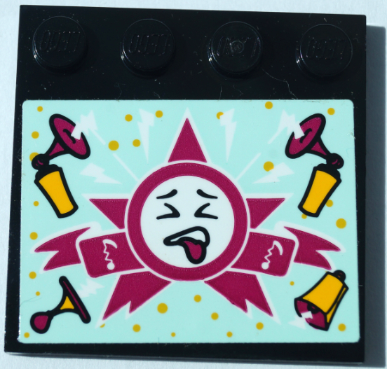 Tile, Modified 4 x 4 with Studs on Edge with Grimacing Face, Magenta Star and Bright Light Orange Air Horns on Light Aqua Background Pattern (Sticker) - Set 41368